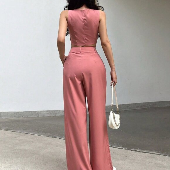Pink Casual Women's Sleeveless Single-Breasted Cropped Vest And Wide-Leg Pants - Picture 2 of 5